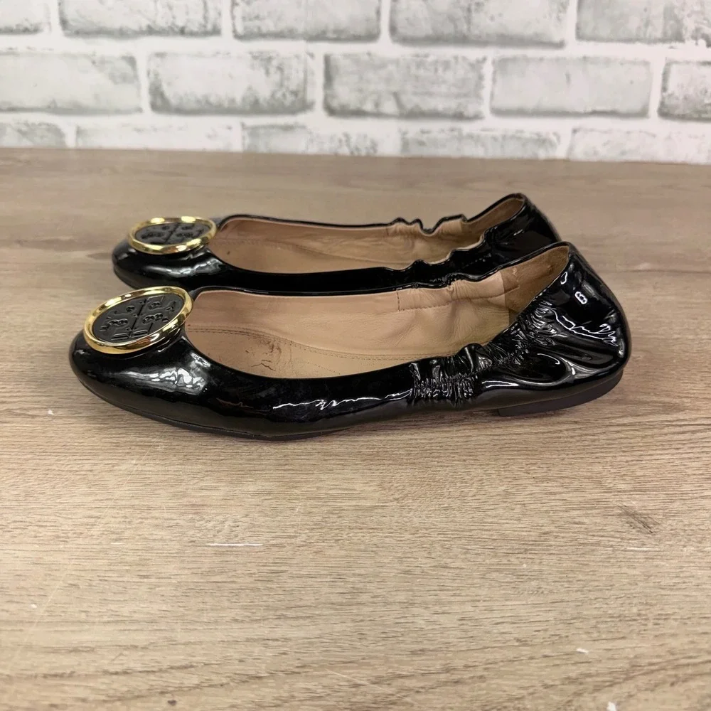 Tory Burch Twiggie Ballet Flats Gold Medallion Black Womens 8